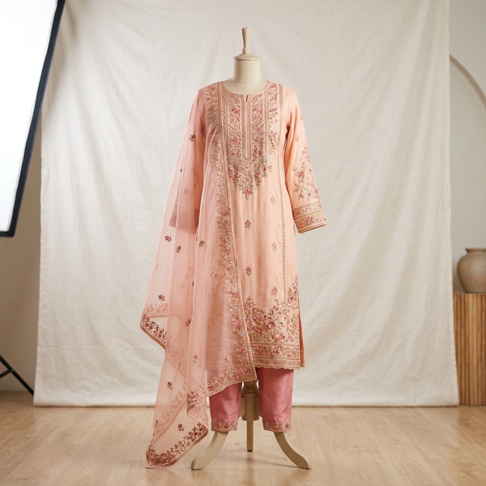 Aarong Embroidered Lawn 3-Piece Salwar Kameez Set (Peach & Rose)