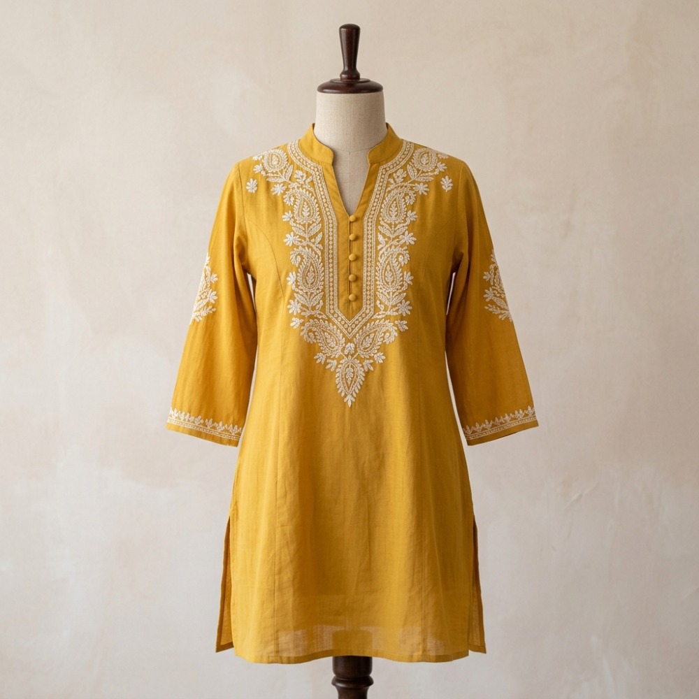 Taaga Chikankari Handloom Muslin Kurti (Mustard Yellow)
