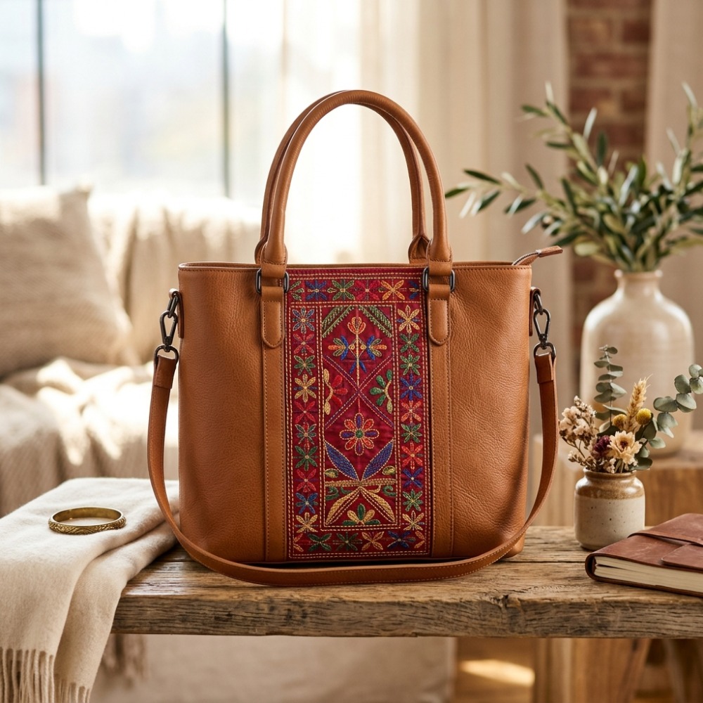 Aarong Handcrafted Nakshi Kantha Leather Tote Bag (Tan & Multi)
